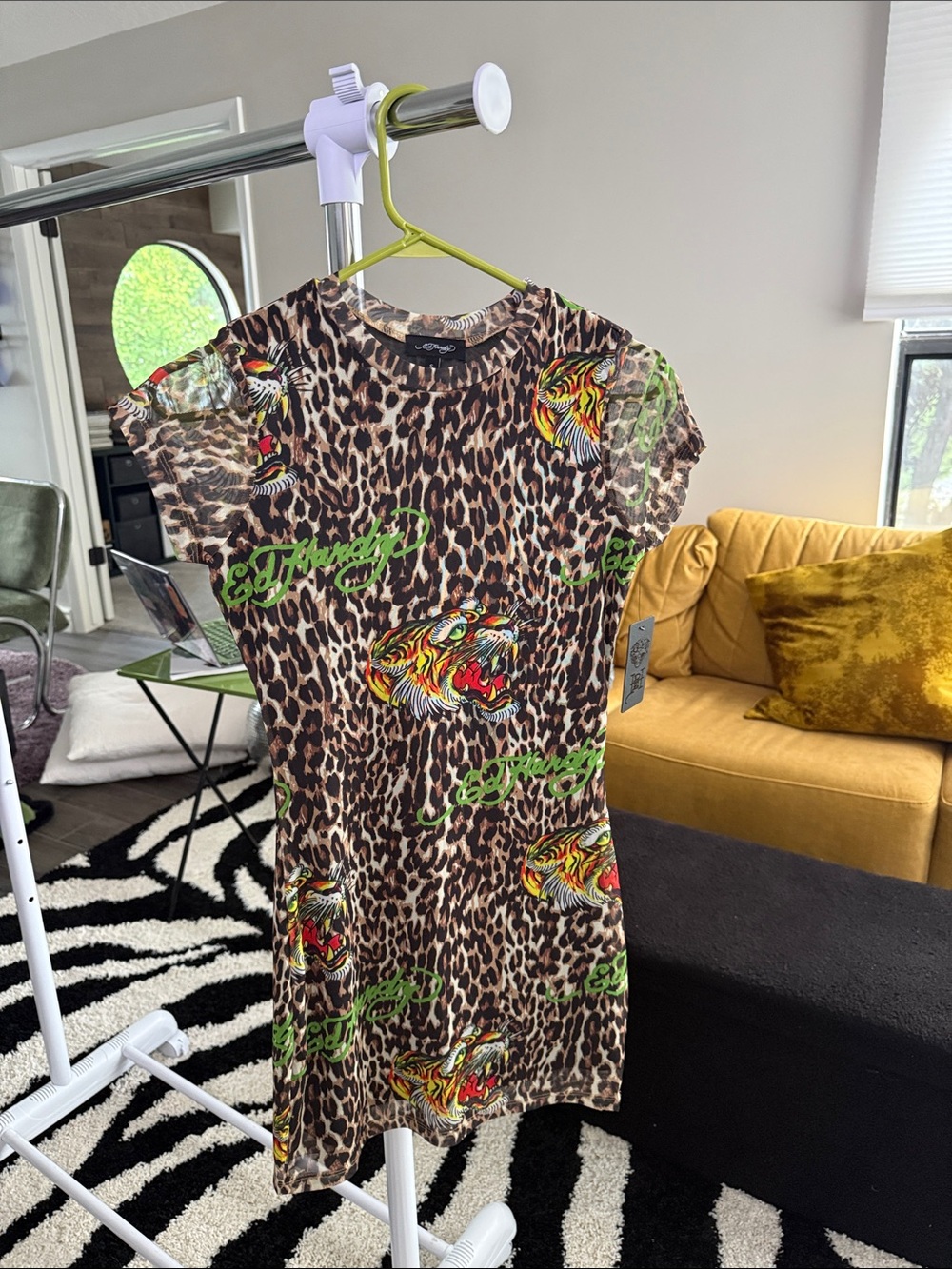 Ed Hardy Leopard Print Mini Dress with Multicolor Tattoo Accents